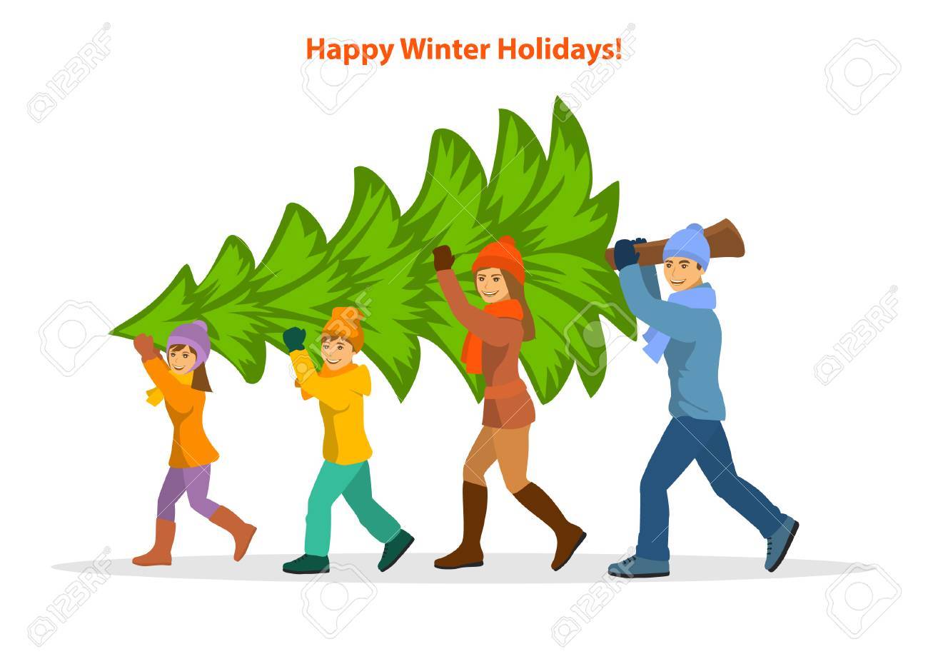 家族 女性 男性 男の子と女の子を運ぶ一緒にクリスマス ツリーのイラスト素材 ベクタ Image