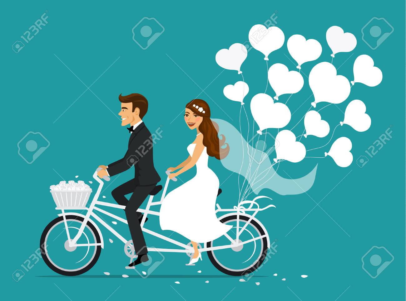 Just married couple bride and groom riding tandem bicycle - 71547216 Just married couple bride and groom riding tandem bicycle - 71547216