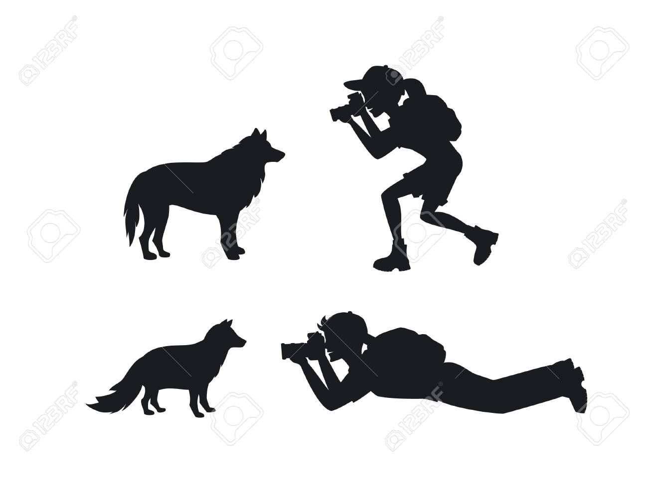 動物の写真を撮るカメラマン出張の客を男性と女性のシルエットのシーン のイラスト素材 ベクタ Image