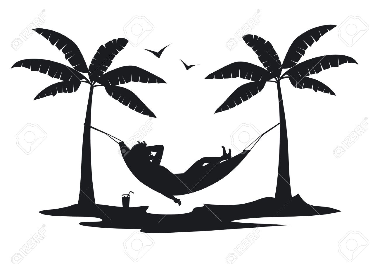 person relaxing lying in hammock on the beach under palm trees