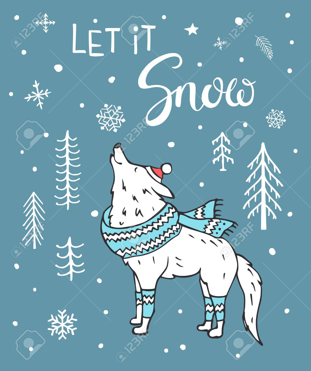 Laissez Le Neige Dessine Main Hiver Noel Carte Avec Dessin Anime Mignon Loup Blanc Dans La Foret Clip Art Libres De Droits Vecteurs Et Illustration Image