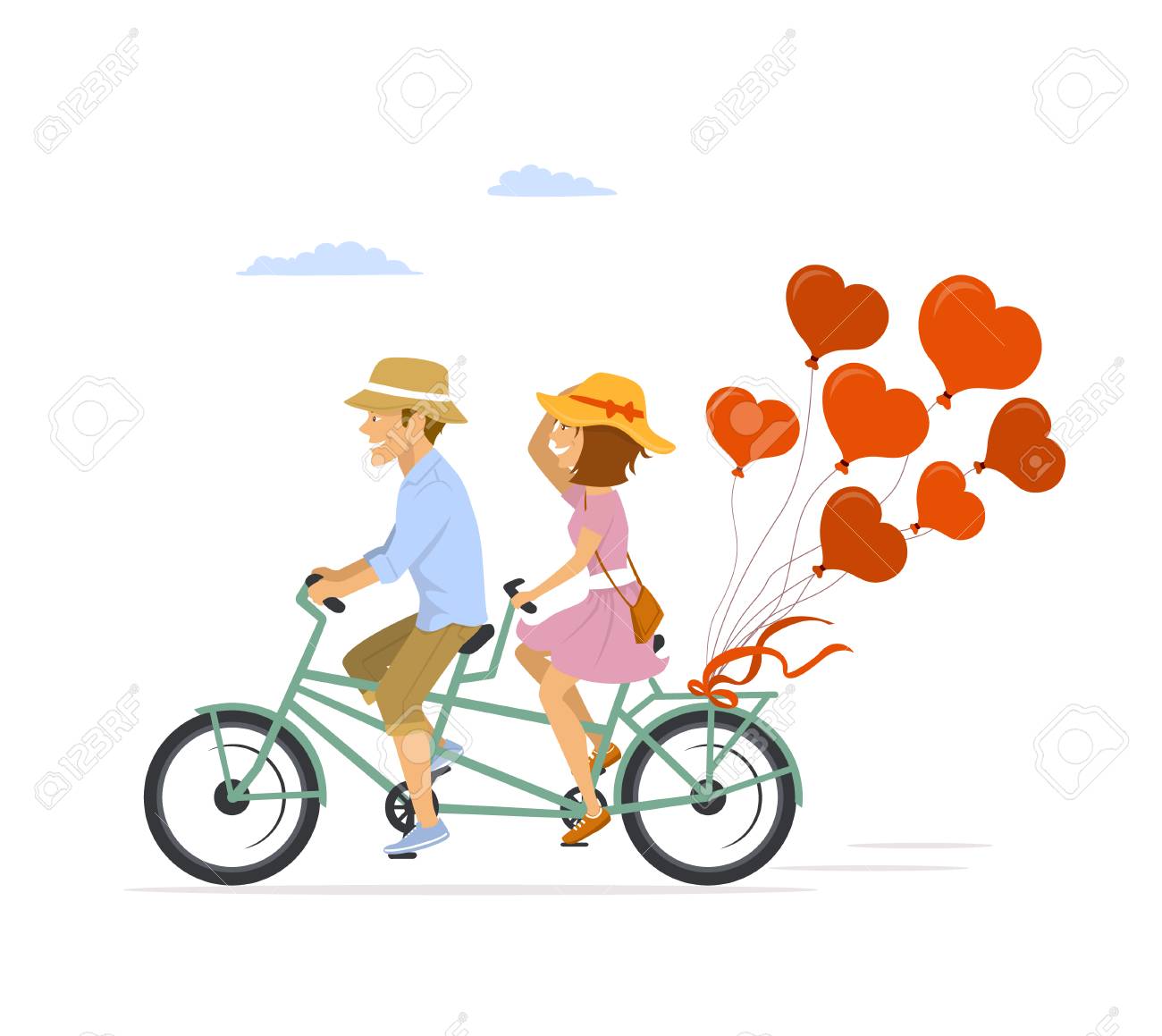 Cute romantic cheerful couple riding tandem bike with heart shaped balloons - 94465211 Cute romantic cheerful couple riding tandem bike with heart shaped balloons - 94465211