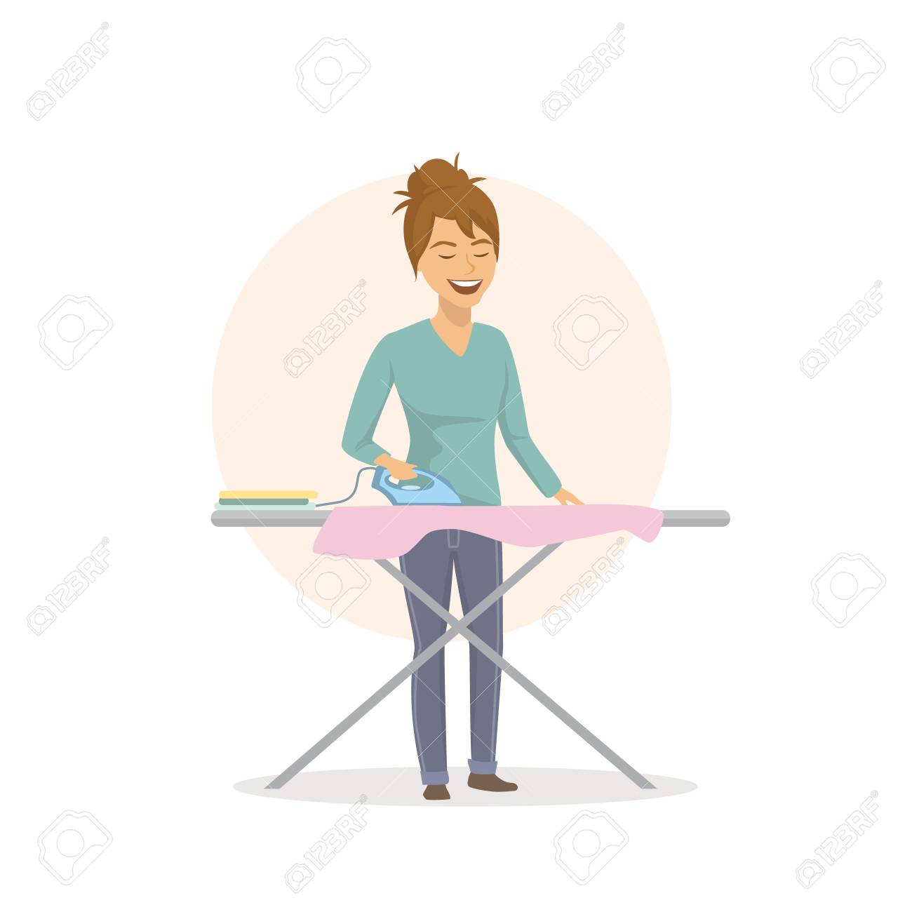 cheerful young woman ironing clothes for family household chores family household