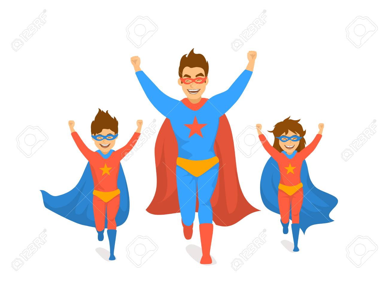 family, dad and kids, cute boy and girl playing superheroes, running excited in