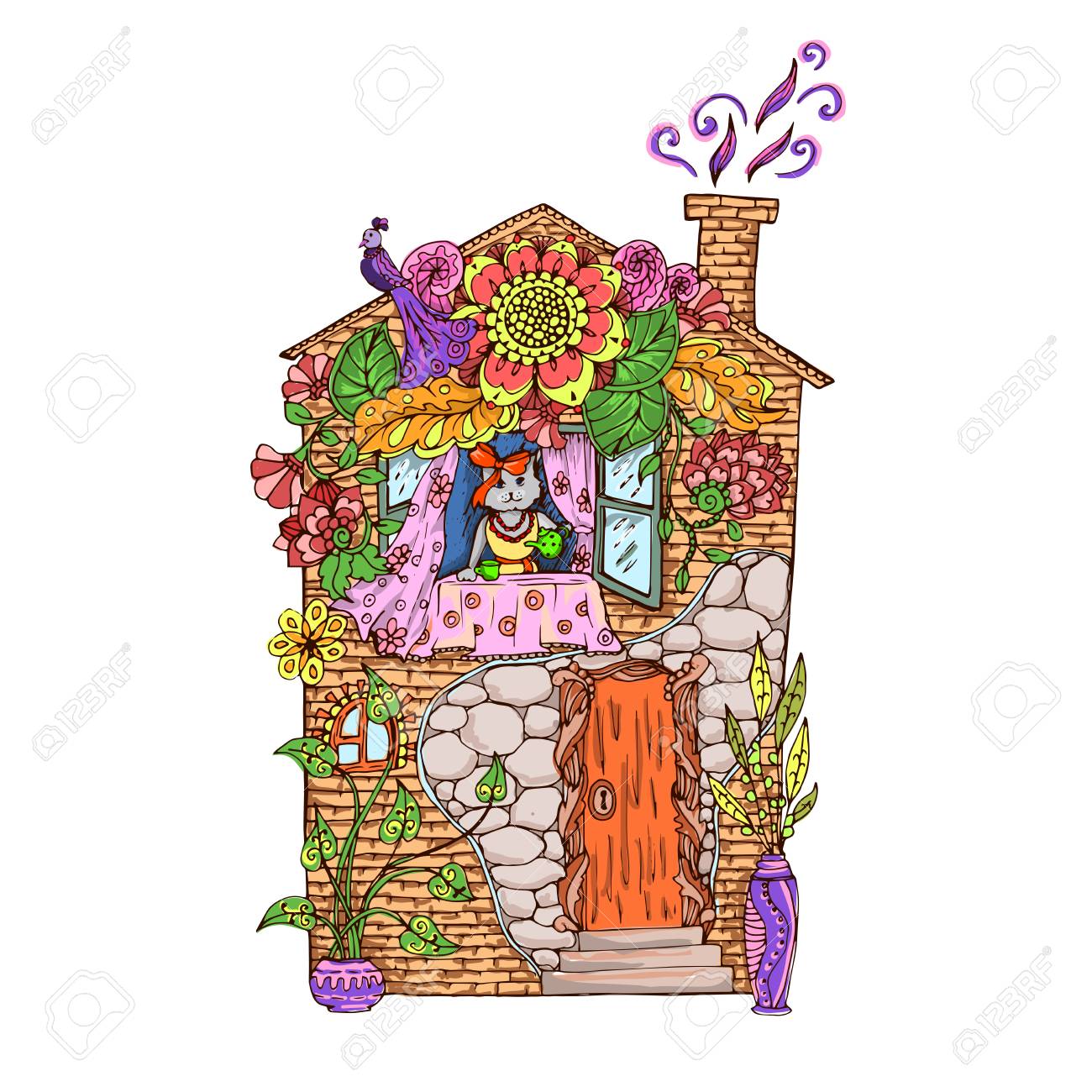 大人のぬりえ 色のイラストです お茶を飲むカラフルな家猫 のイラスト素材 ベクタ Image