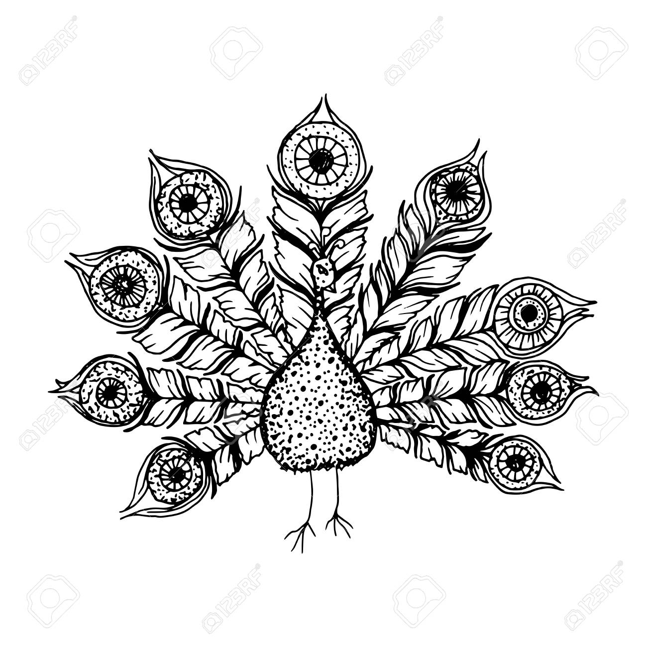 Decorative Black Line Art Doodle Style Tribal Peacock Stock Vector Decorative Black Line Art Doodle Style Tribal Peacock Stock Vector