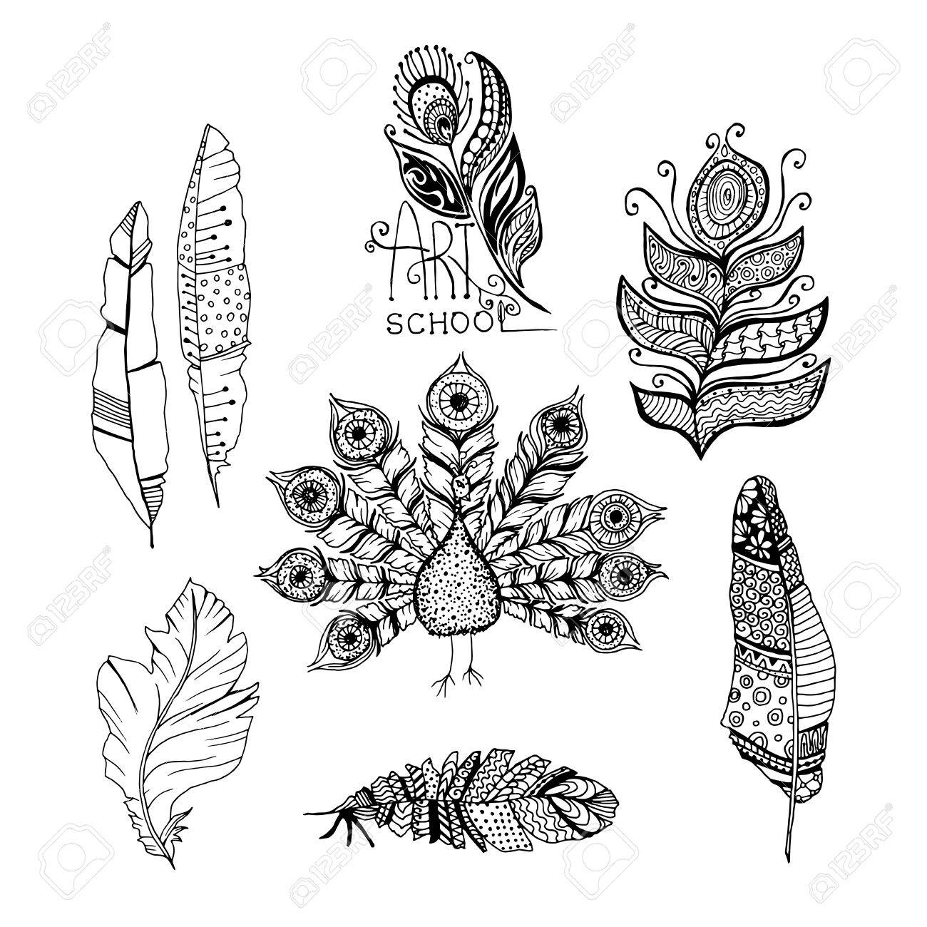 Decorative Black Line Art Doodle Style Tribal Feathers And Peacock Stock Vector Decorative Black Line Art Doodle Style Tribal Feathers And Peacock Stock Vector