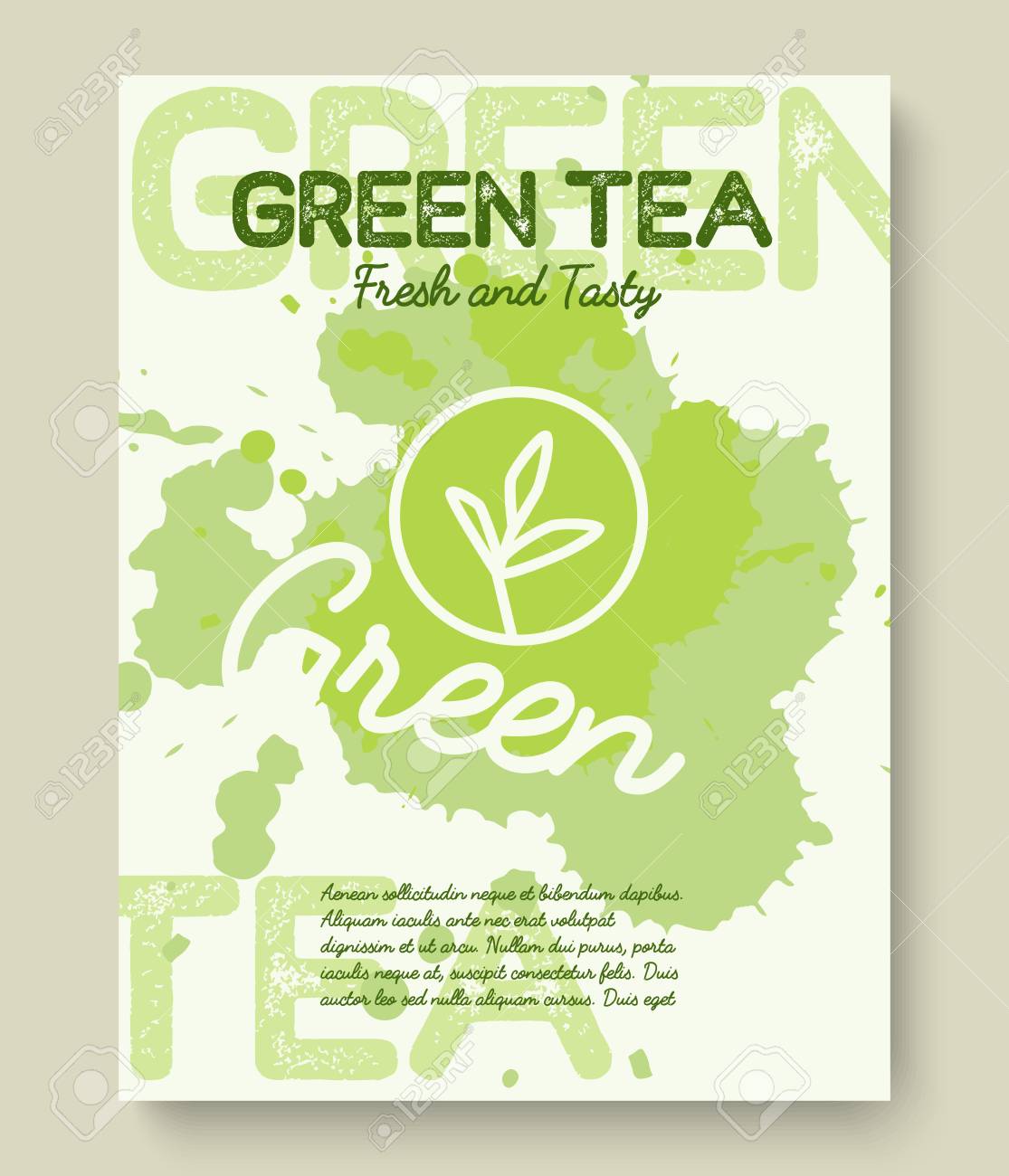 緑茶ポスターまたはバナーのタイポグラフィ デザイン 液体茶とクリエイティブ イラストはね朝食メニュー ビタミン ショップ 他のイラスト素材 ベクタ Image