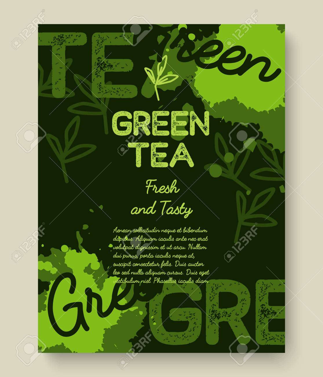緑茶ポスターまたはバナーのタイポグラフィ デザイン 液体茶とクリエイティブ イラストはね朝食メニュー ビタミン ショップ 他のイラスト素材 ベクタ Image