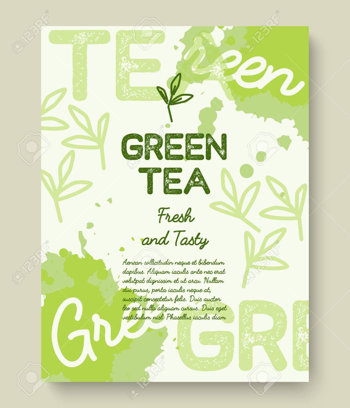 緑茶ポスターまたはバナーのタイポグラフィ デザイン 液体茶とクリエイティブ イラストはね朝食メニュー ビタミン ショップ 他のイラスト素材 ベクタ Image