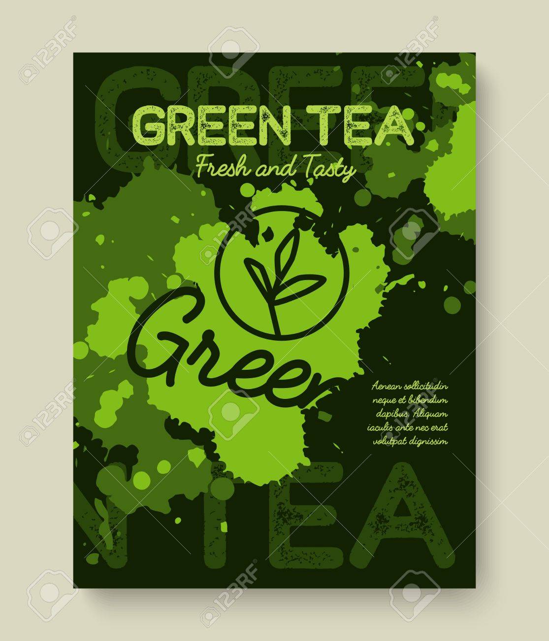 緑茶ポスターまたはバナーのタイポグラフィ デザイン 液体茶とクリエイティブ イラストはね朝食メニュー ビタミン ショップ 他のイラスト素材 ベクタ Image