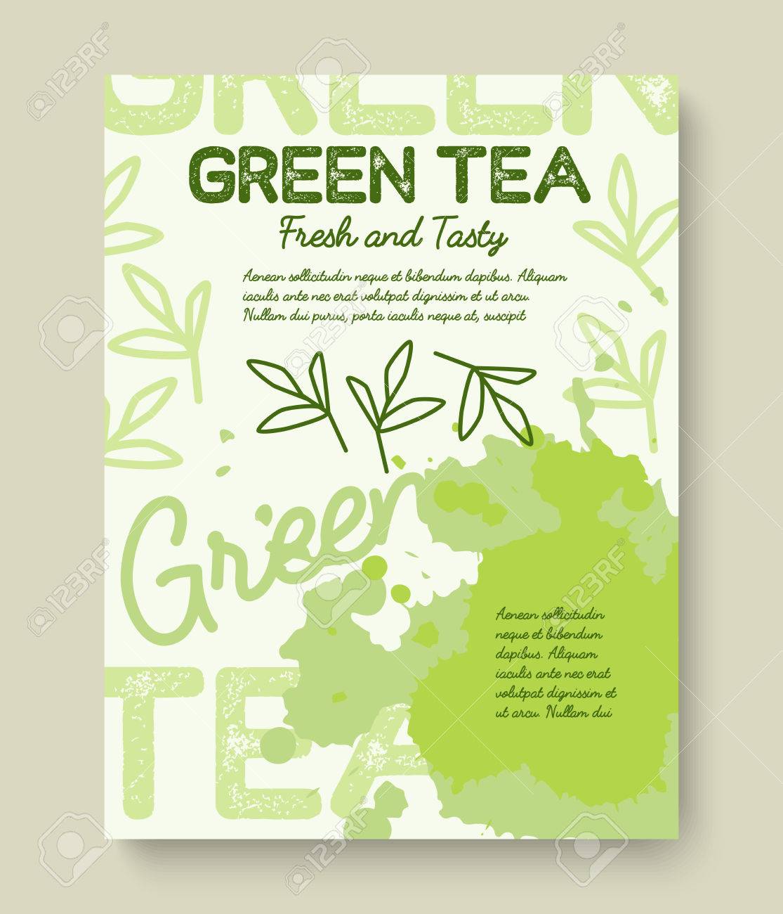 緑茶ポスターまたはバナーのタイポグラフィ デザイン 液体茶とクリエイティブ イラストはね朝食メニュー ビタミン ショップ 他のイラスト素材 ベクタ Image