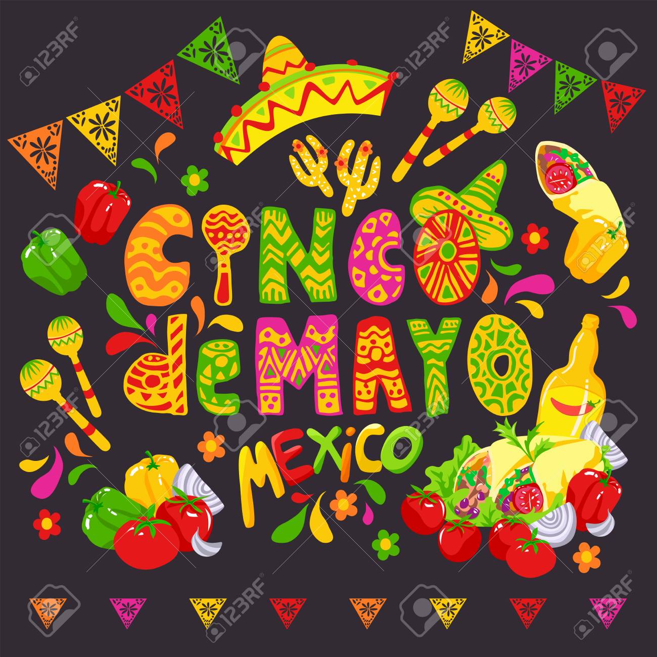 メキシコ料理スケッチ シンコデマヨセレブレーションバナー お祝いのイラストやフライヤー マラカ ソンブレロまたはメキシコの帽子と碑文メキシコ トマト コショウ ブリトーなどのメキシコ料理 のイラスト素材 ベクタ Image