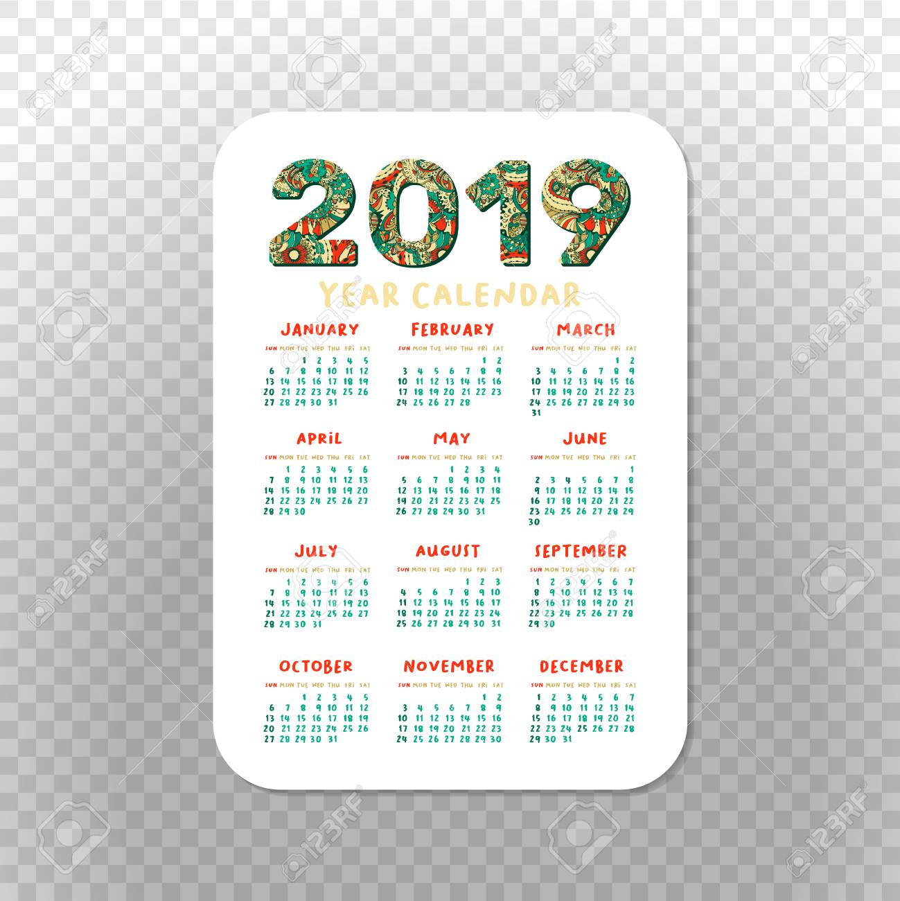 2019 Pocket Calendar Easy Grid. Vector Vertical Orientation graphic relating to Printable Pocket Calendar named 2019 Pocket Calendar Uncomplicated Grid. Vector Vertical Orientation