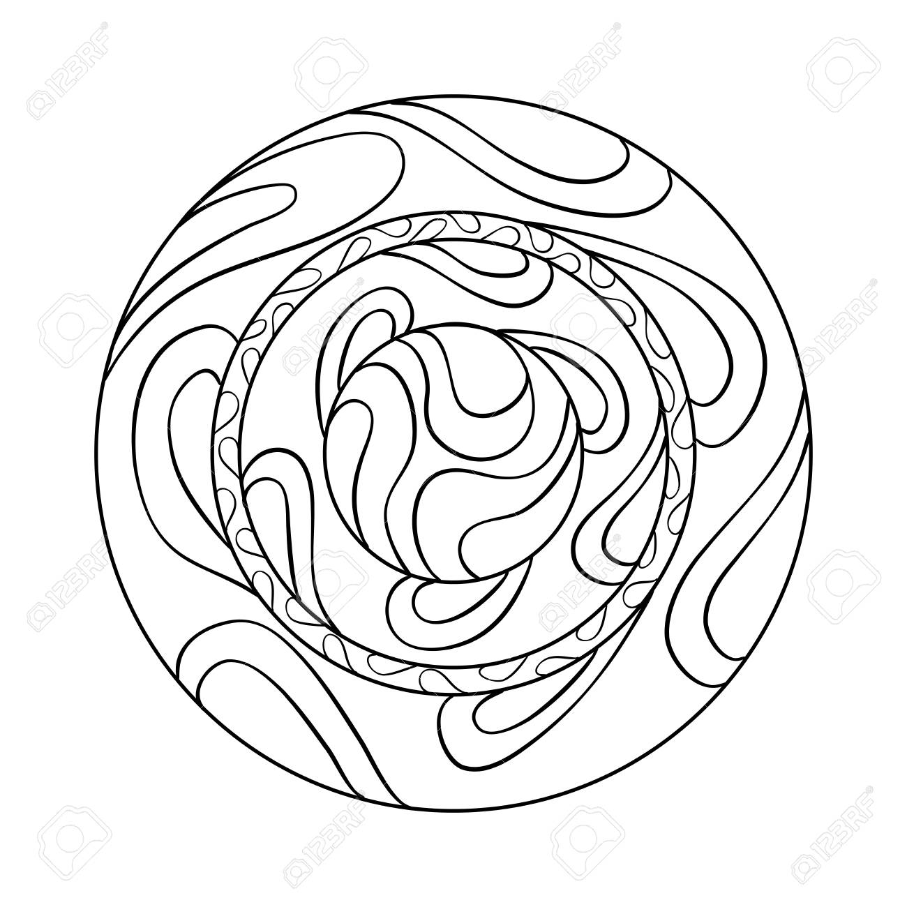 Asymmetrical Black Outline Mandala Design With Drops In A Circle