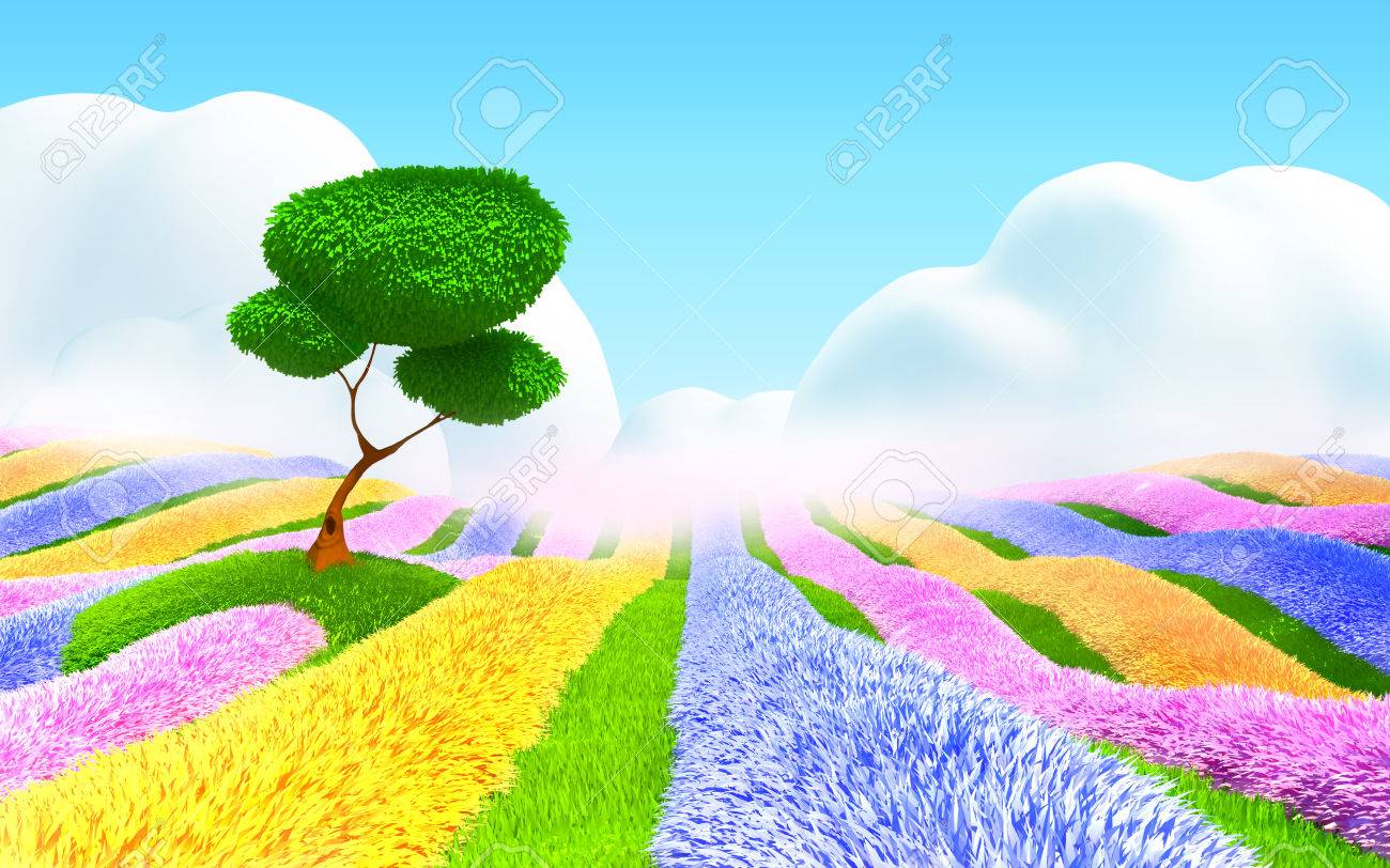 花の色鮮やかな分野 木と光ヘイズ ファンタジー漫画 3 D 風景 の写真素材 画像素材 Image 花の色鮮やかな分野 木と光ヘイズ ファンタジー漫画 3 D 風景 の写真素材 画像素材 Image