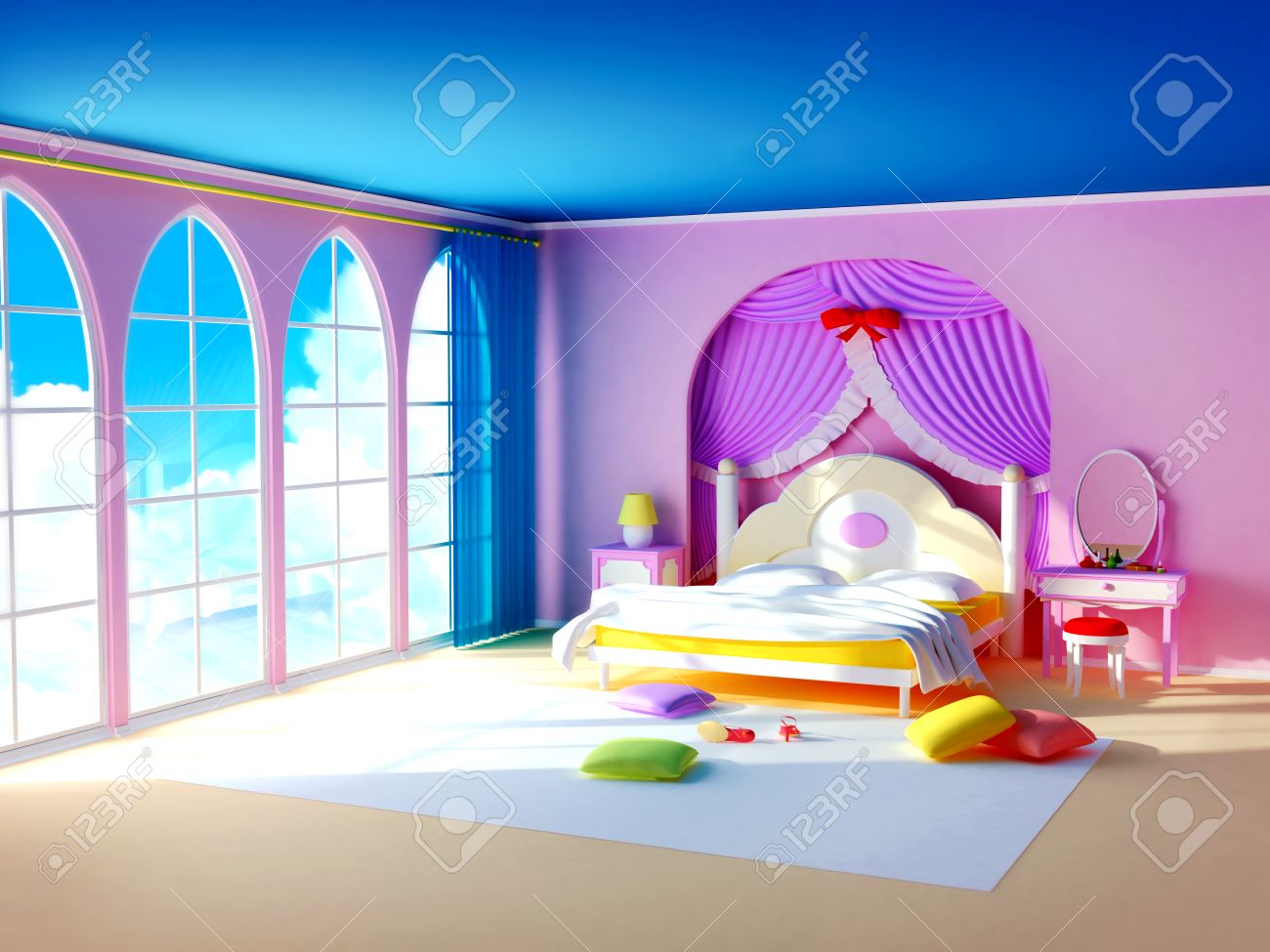 Marchenprinzessin Raum Das Rosa Schlafzimmer Madchen Mit Bunten Kissen Und Grosse Fenster In Den Fenstern Der Wolke Lizenzfreie Fotos Bilder Und Stock Fotografie Image 26772310