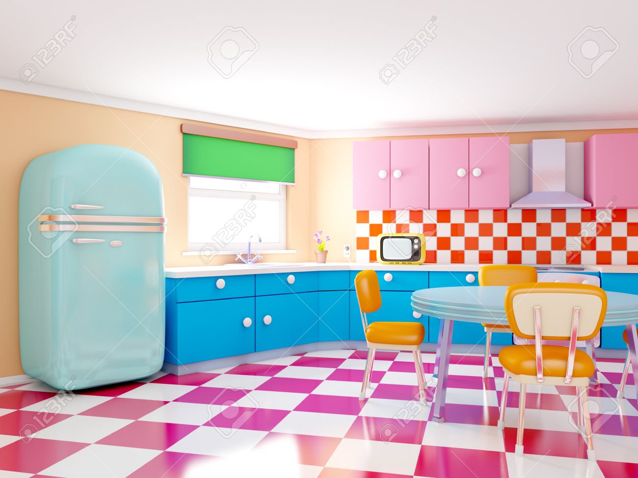 retro kitchen in cartoon style with checkered floor 3d illustration