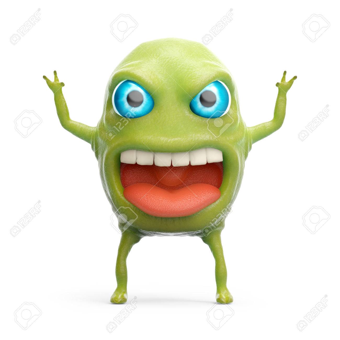 漫画 3 D スライム モンスターは 彼の手を上げるをおびえさせます 3 D イラストレーション の写真素材 画像素材 Image