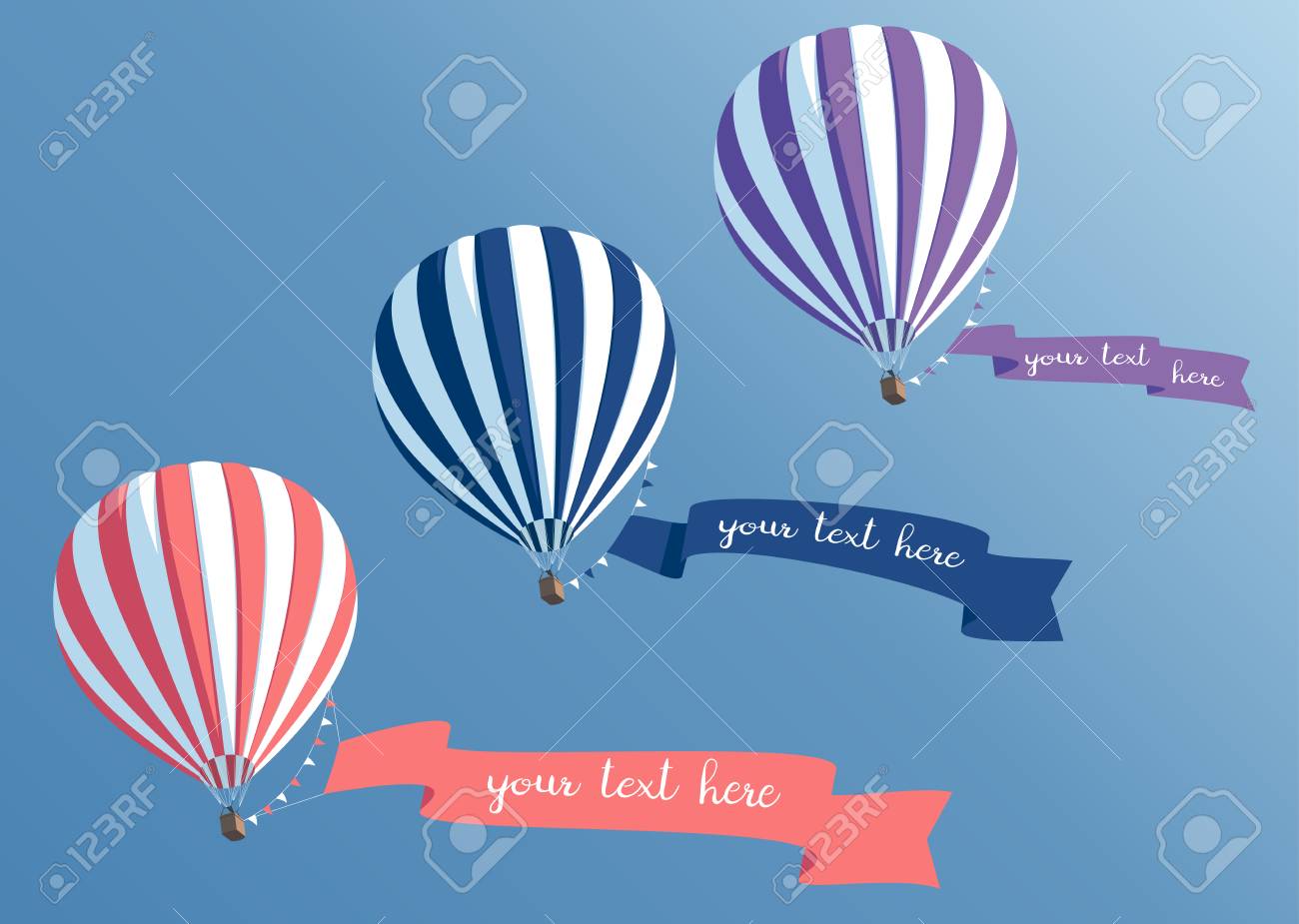 hot air balloons collection with banners flying in the blue sky bottom view striped hot