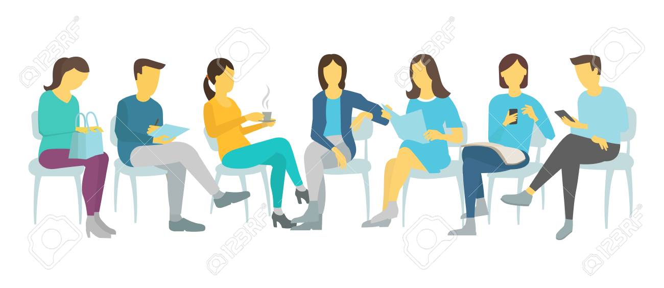 7人は男性と女性の椅子に座って作業を設定しました のイラスト素材 ベクタ Image
