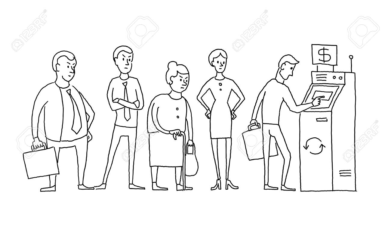 列に並んで待っている人々atm現金ディスペンサー 人間は列に並んでいる 手描きの黒線ベクトルストッククリップアートイラスト のイラスト素材 ベクタ Image