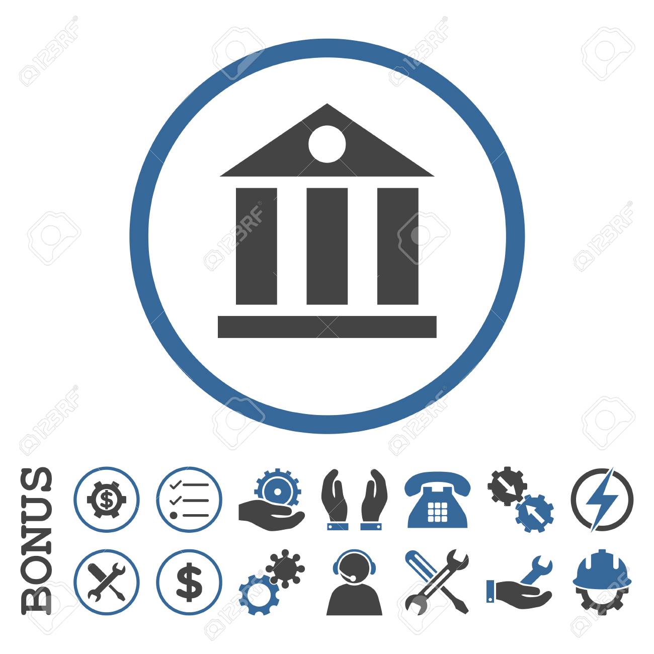 銀行の建物のグリフ二色アイコン 画像のスタイルは サークル コバルトおよび灰色色 白い背景の中フラット ピクトグラム シンボルです ボーナス画像が含まれます の写真素材 画像素材 Image