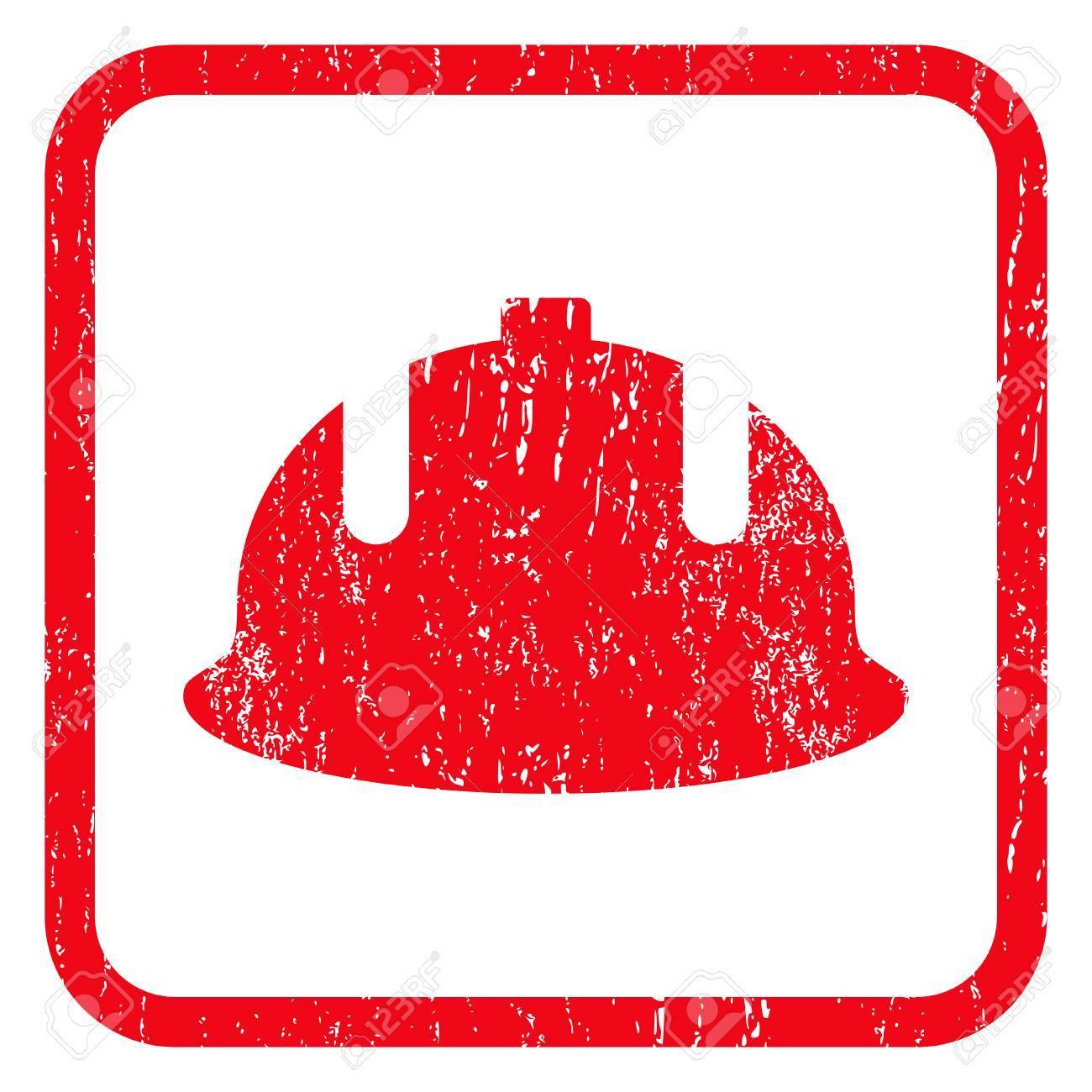 工事ヘルメット ゴム シール スタンプ透かし グランジ デザインと汚れた質感と丸みを帯びた長方形フレーム内のアイコンのシンボル 白い背景の上の汚れたベクトル赤インク ステッカー のイラスト素材 ベクタ Image
