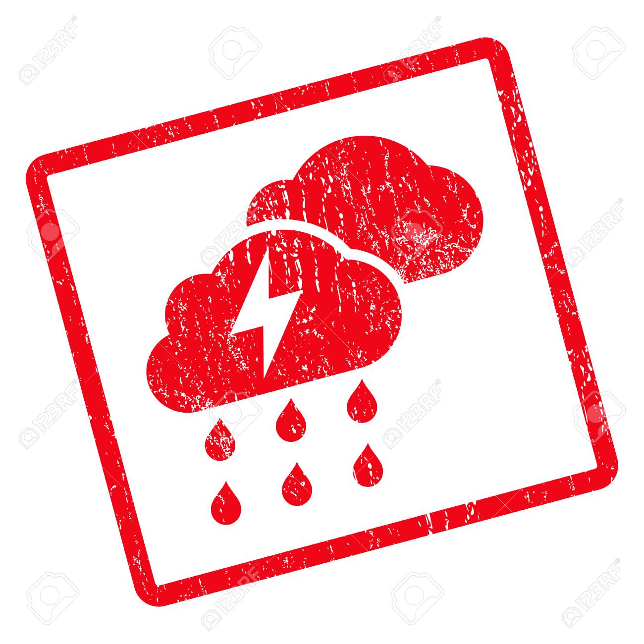 雷雨雲ゴム シール スタンプ透かし グランジ デザインと汚れた質感と回転角の丸い長方形フレーム内のベクトル アイコンのシンボル 白い背景の上の汚れた赤インクのエンブレム のイラスト素材 ベクタ Image