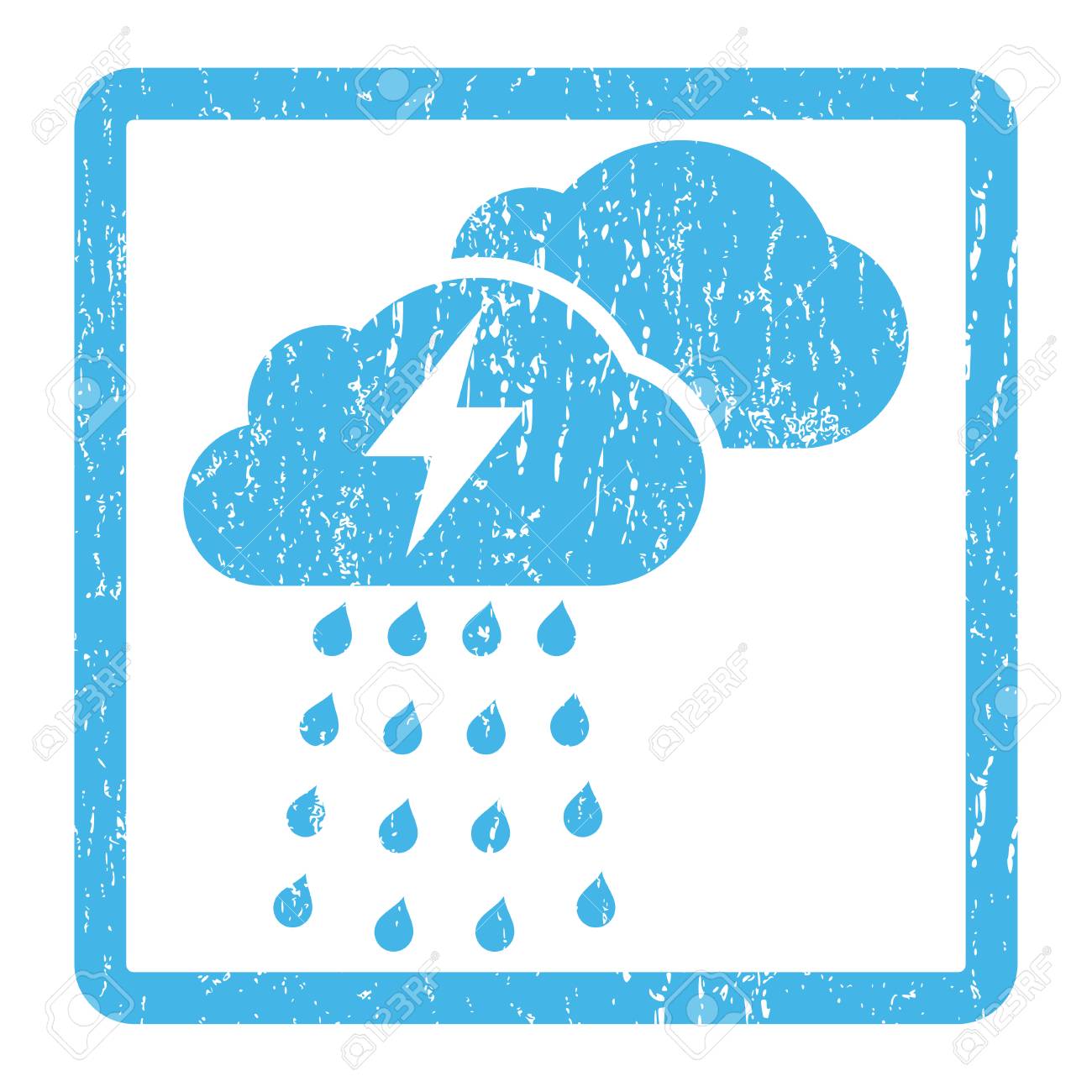 雷雨雲ゴム シール スタンプ透かし グランジ デザインと汚れた質感と丸みを帯びた長方形フレーム内ベクトル絵文字記号 のイラスト素材 ベクタ Image