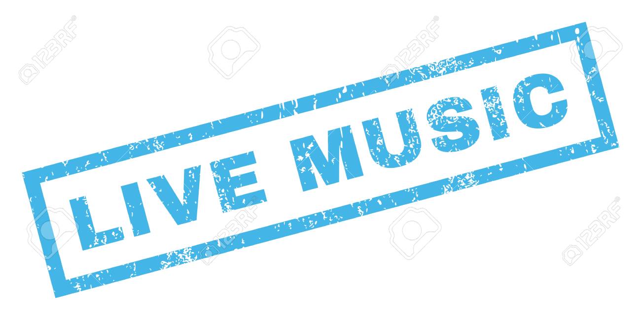 Música En Vivo De Caucho Sello De Marca De Agua De Texto Sello Título Dentro Bandera Rectangular Con Diseño De Grunge Y Textura Rayado Glifo Inclinada Azul Etiqueta De Tinta Sobre Un