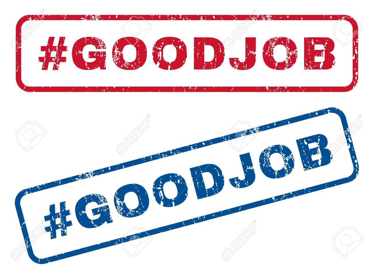 ハッシュタグ グッジョブ本文ゴムスリーブは スタンプの透かし ベクトルは青 赤インク キャプション内丸め長方形バナー グランジ デザインと傷の質感 青と赤のステッカー のイラスト素材 ベクタ Image