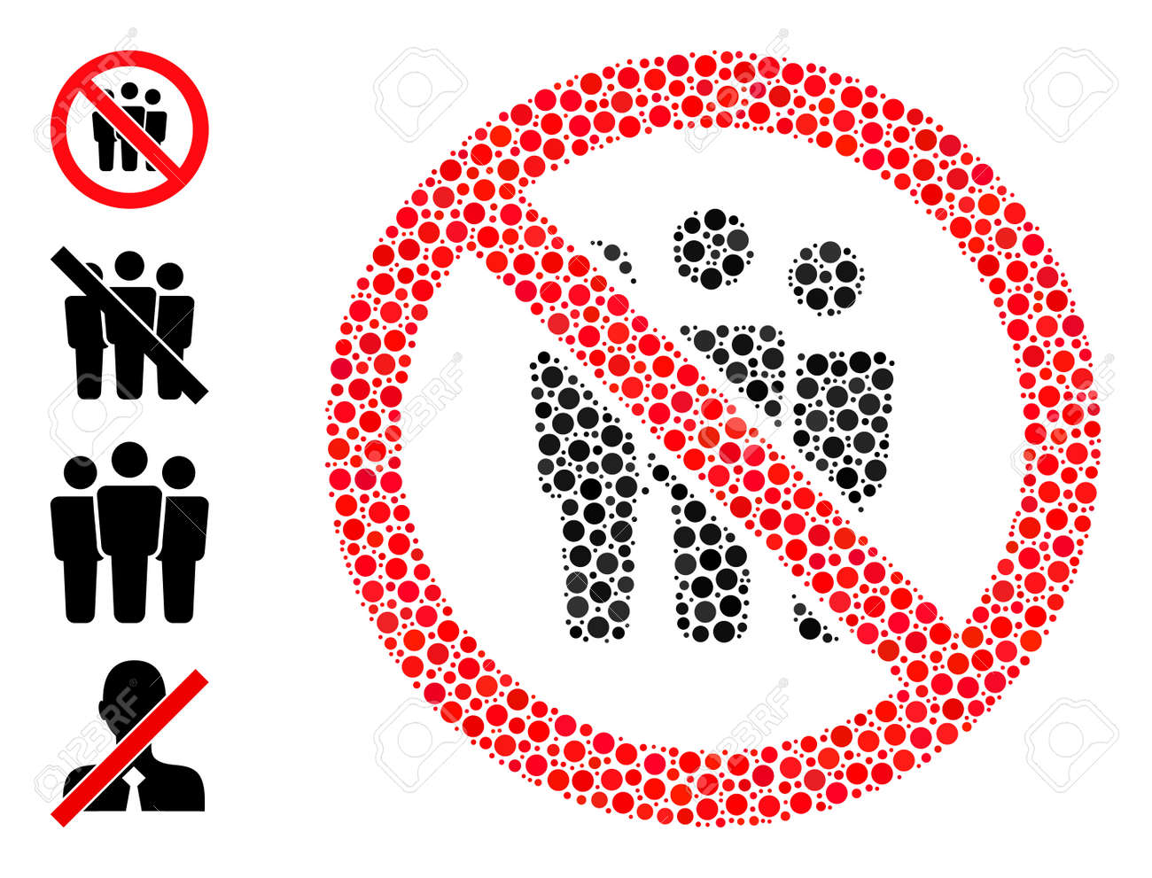 サークルモザイク禁止者。ベクトルモザイクは、禁止されている人のアイコンに基づいており、ランダムな円の要素で構成されています。不規則な丸い点で構成される禁断の人々のベクトルアイコン。のイラスト素材・ベクター  Image 175647960
