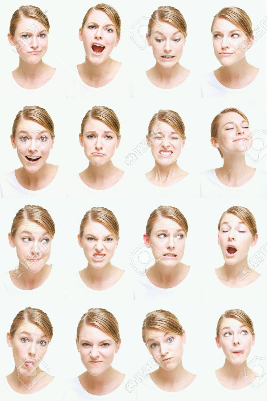 別の表現を引っ張ってくる女性のモンタージュ の写真素材 画像素材 Image