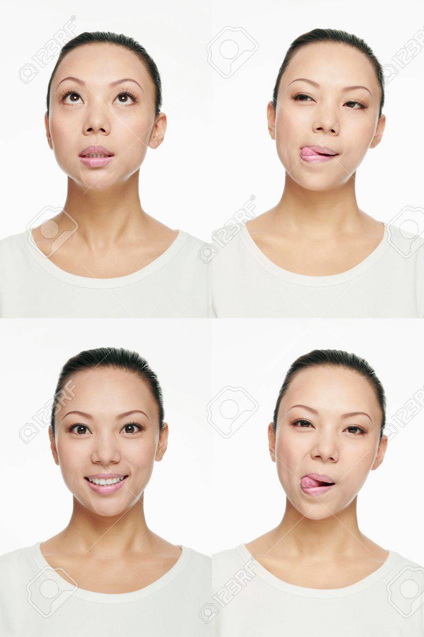 別の表現を引っ張ってくる女性のモンタージュ の写真素材 画像素材 Image