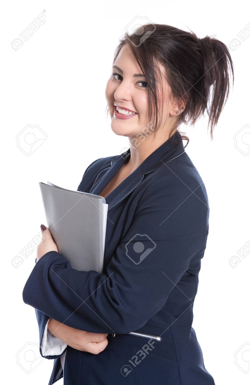 portrait of a smiling young businesswoman in suit is going to going for job interview