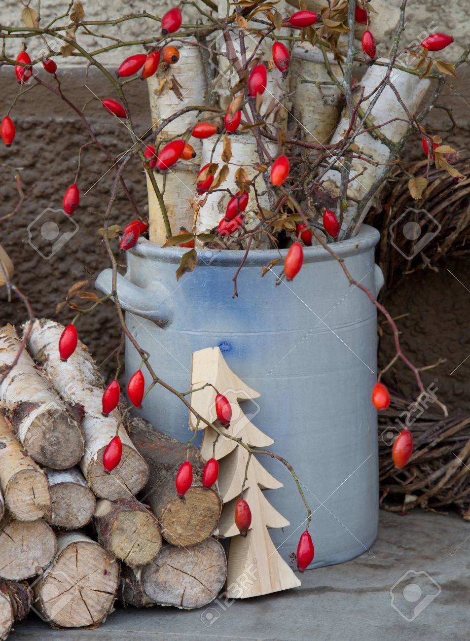 Décoration de Noël naturel avec églantier et arbre à la main de bouleau à l\u0027extérieur.