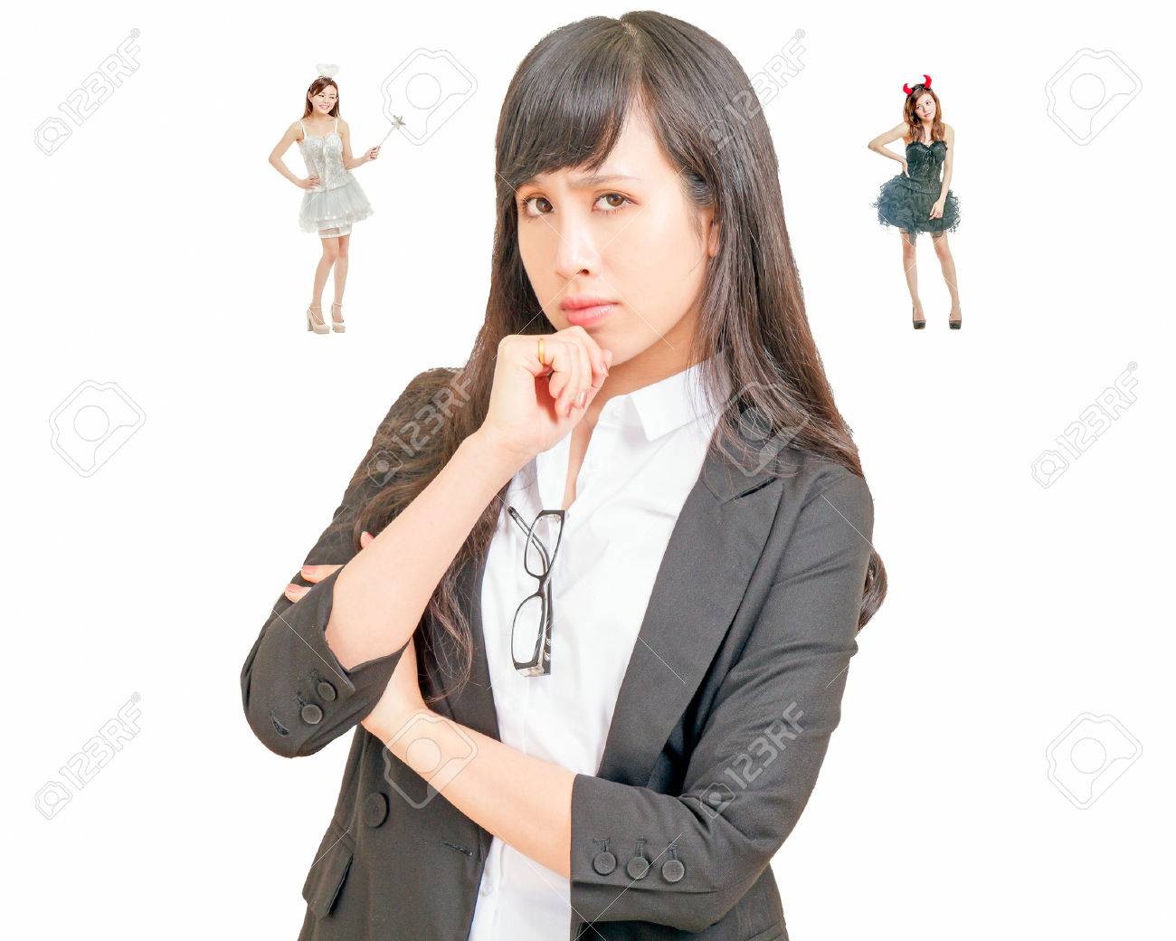 Chinese woman choosing with angel and demon guiding her - 31094925 Chinese woman choosing with angel and demon guiding her - 31094925