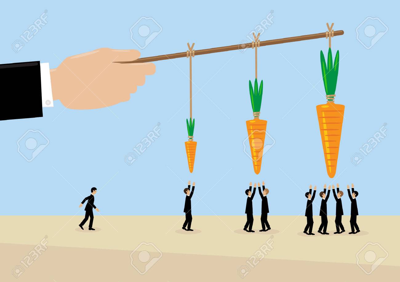 A large hand holds a carrots on a stick. A metaphor on management, incentive and leadership. - 57552419 A large hand holds a carrots on a stick. A metaphor on management, incentive and leadership. - 57552419