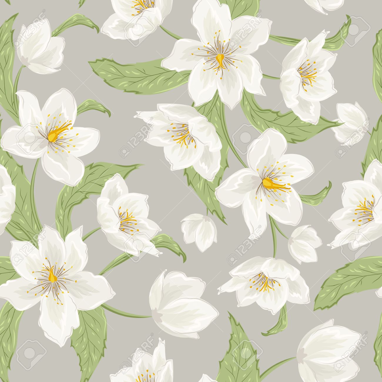 ヘレボルスの花の花のシームレスなパターン 冬の薔薇 クリスマス ローズ レンテン ローズ 系ニジェール 図面詳細花の葉 ベクター イラストをデザイン 灰色の背景に緑白 のイラスト素材 ベクタ Image