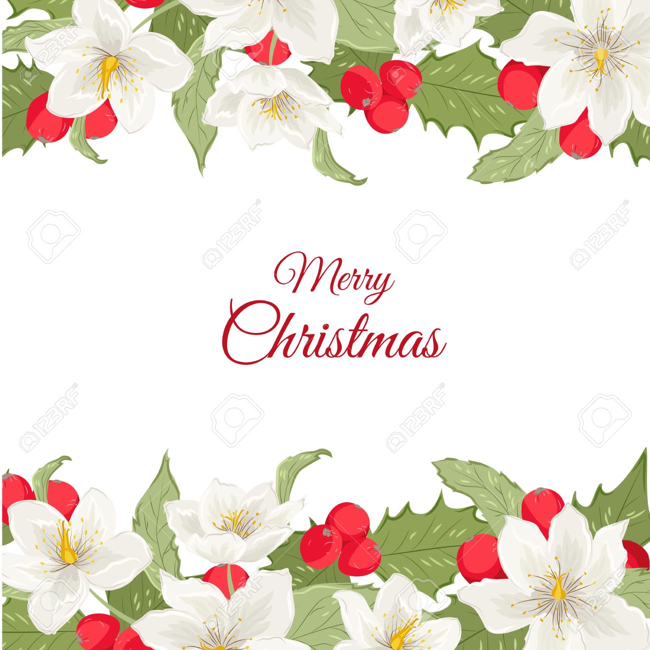 ヘレボルス クリスマス ローズの花とホリー ベリー ヤドリギ ガーランド ブーケ水平方向の境界線フレーム テンプレート メリー クリスマス カード テキストのプレース ホルダーです 赤 白 緑 ベクター イラストをデザイン のイラスト素材 ベクタ Image