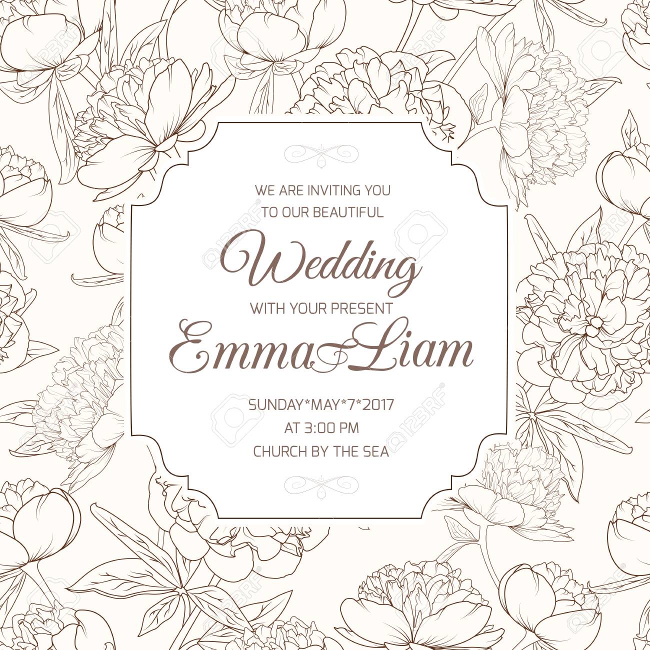 ブラウンは 牡丹芍薬の花の詳細なスケッチを概説します 境界線フレーム テンプレート 結婚結婚式招待状 Rsvp はカード テキストのプレース ホルダーを含むテンプレートです のイラスト素材 ベクタ Image