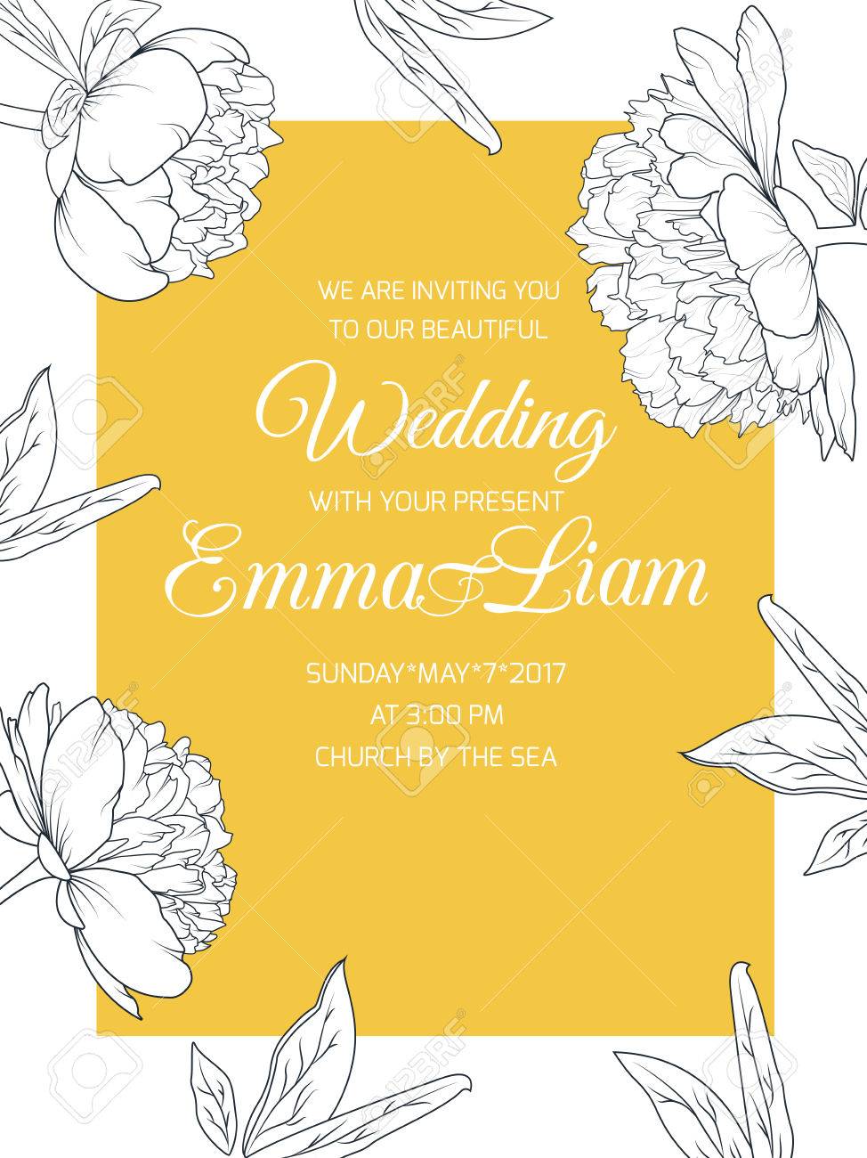 Pivoine Rose Fleurs Mariage Modele De Carte D Invitation Nuptiale De Mariage Dessin Au Trait Noir Et Blanc Sur Fond De Soleil Jaune Vif Floraison S Epanouir Illustration De Conception De Vecteur Floral Clip