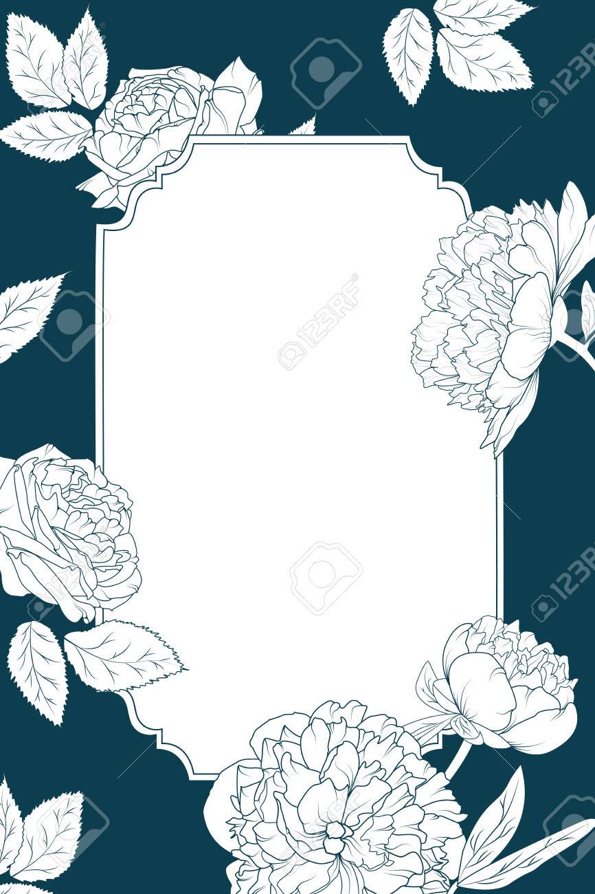 Rose Peony Flowers Around Border Frame Invitation Card Template Dark Navy Blue Background And White Space For Text Victorian Retro Classic Style Vector Design Illustration Royalty Free Cliparts Vectors And Stock Illustration