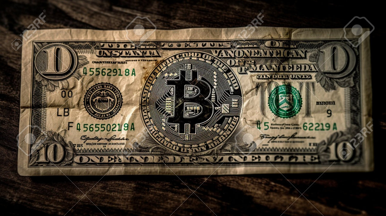 Bitcoin On One Dollar Banknote On Wooden Background. Close Up. Stock Photo,  Picture and Royalty Free Image. Image 202980845.