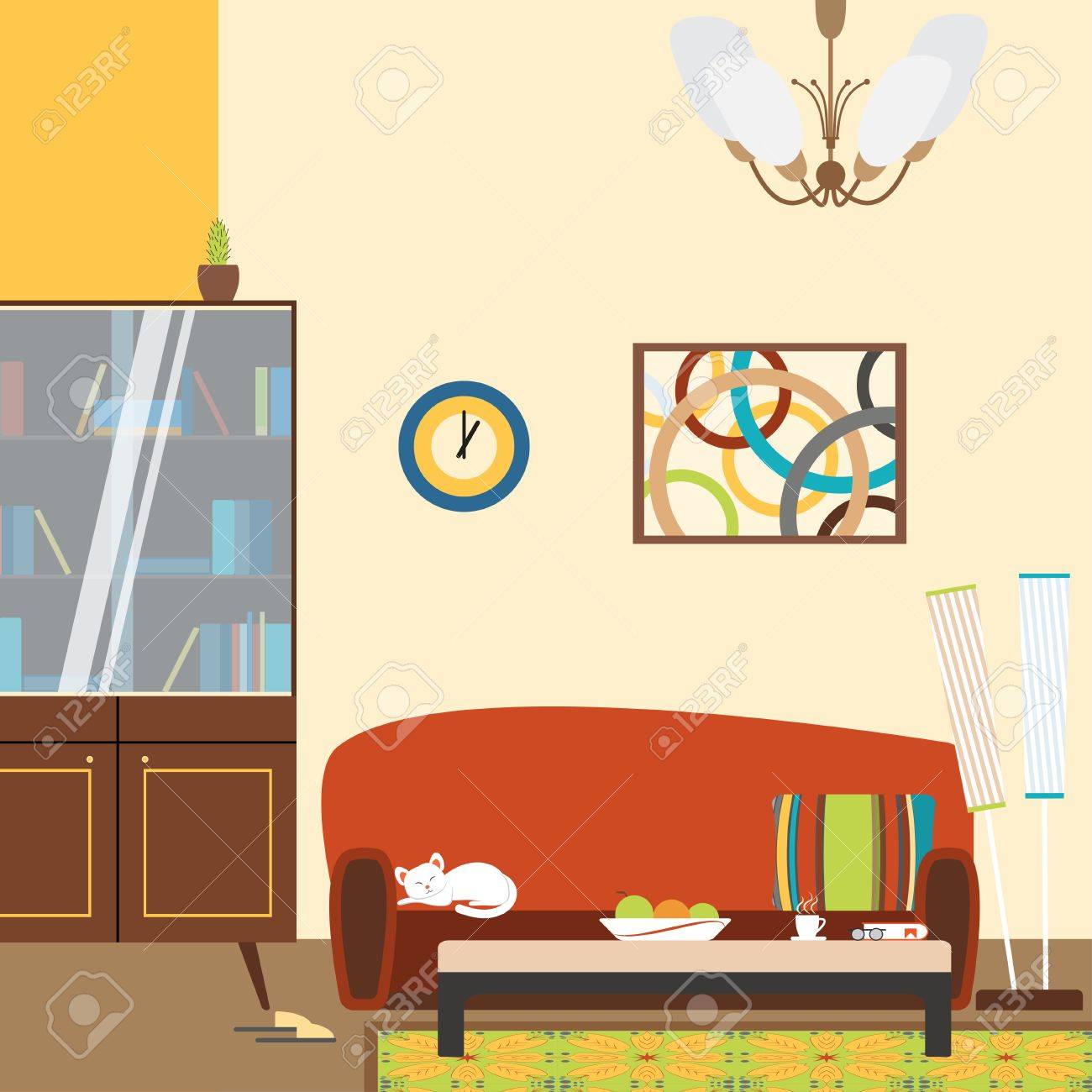 Vector Illustration Of A Living Room Interior With Sofa Bookcase