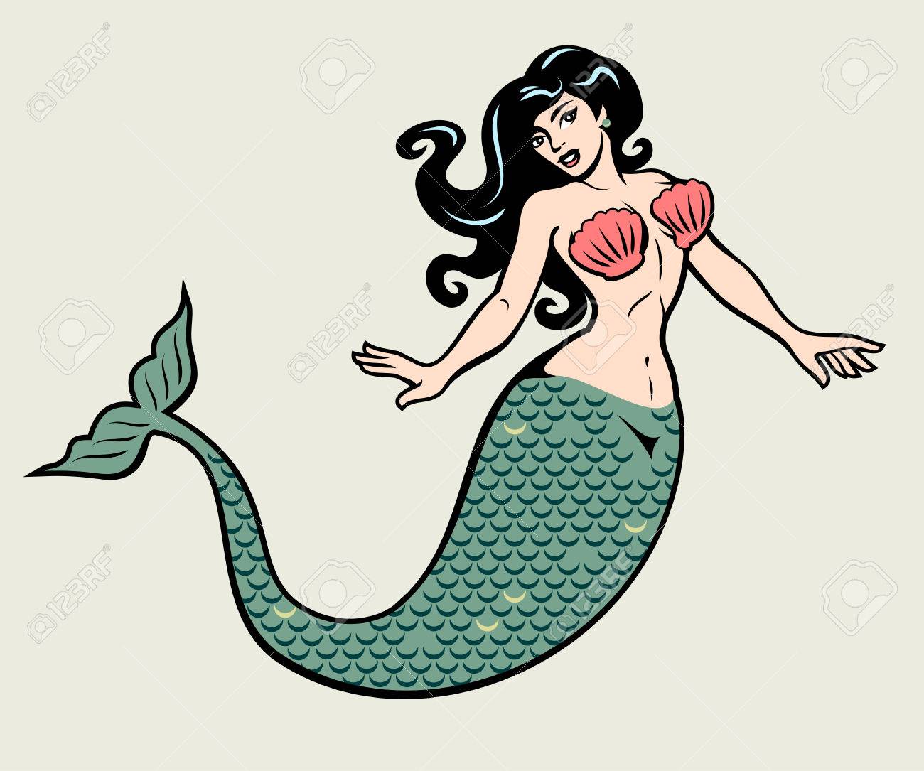 The Image Of A Mermaid In The Traditional Style Of Old School Tattoo Pin-up  Royalty Free SVG, Cliparts, Vectors, and Stock Illustration. Image 69775222., image size:1300x1085
