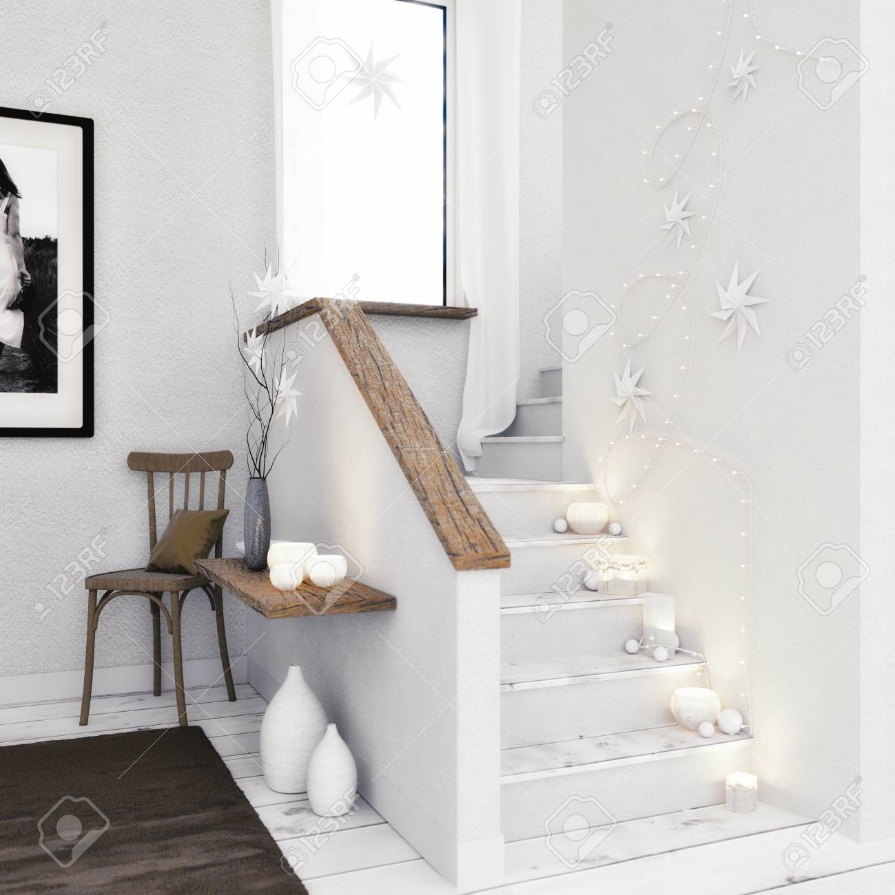 3D render - Stairway with Christmas decoration - 113193477 3D render - Stairway with Christmas decoration - 113193477