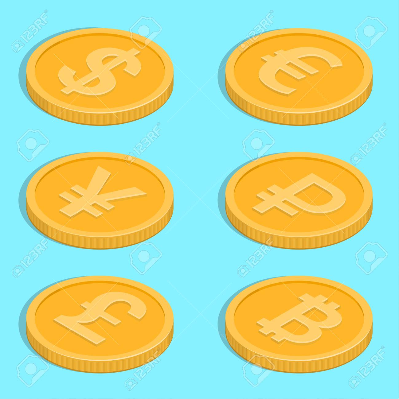 コインのアイコンのセットです。銀行は、ドル、ユーロ、英ポンド、人民元、ルーブル、bitcoin をノートします。等尺性、3 D  のスタイルでの通貨のシンボル。ベクトルの図。のイラスト素材・ベクター Image 66724137