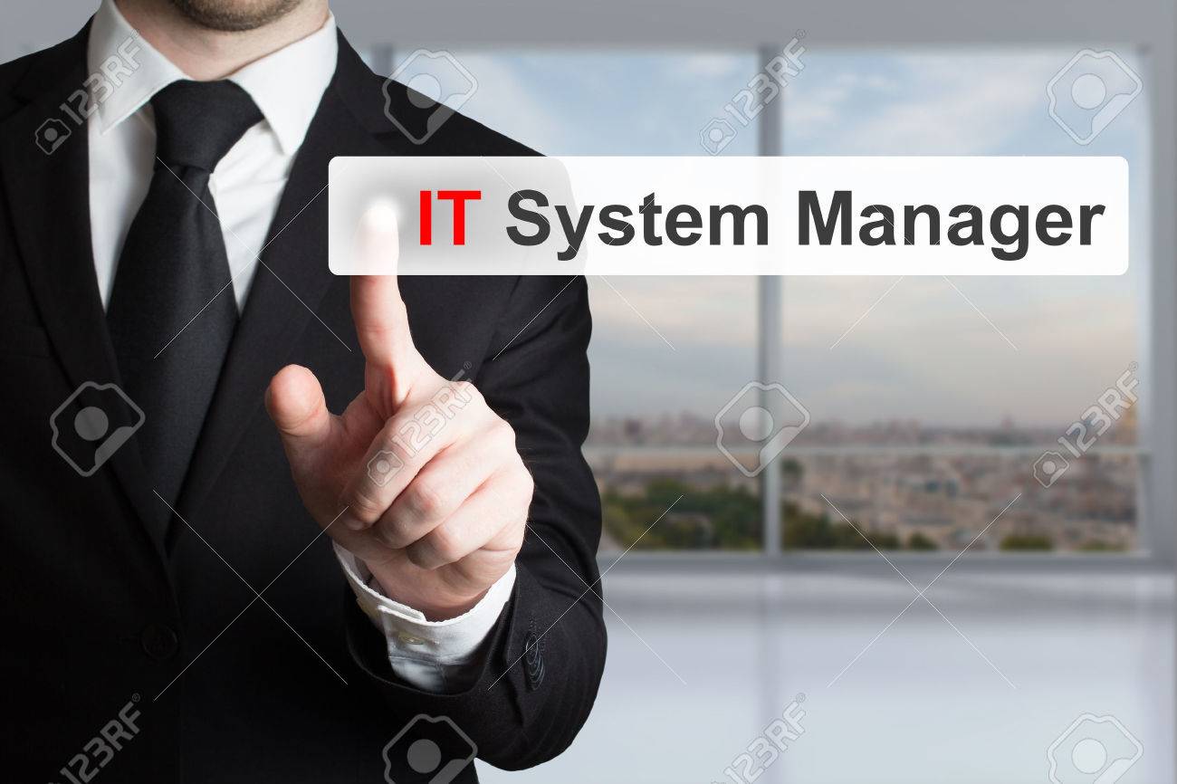 businessman in office pushing touchscreen button it system manager - 41981683 businessman in office pushing touchscreen button it system manager - 41981683
